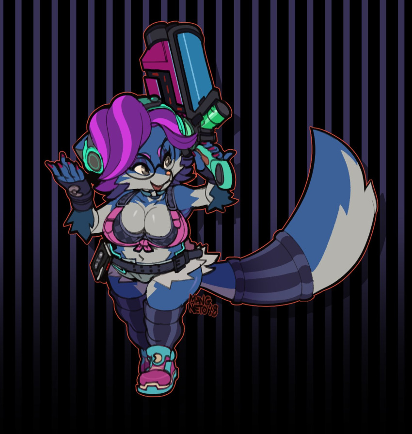 2018 anthro belt big_breasts breasts canine clothing eyewear female footwear fox fur gun mammal mangneto pepper_(paladins) purple_fur ranged_weapon shoes short_stack solo sunglasses vhs_tape weapon