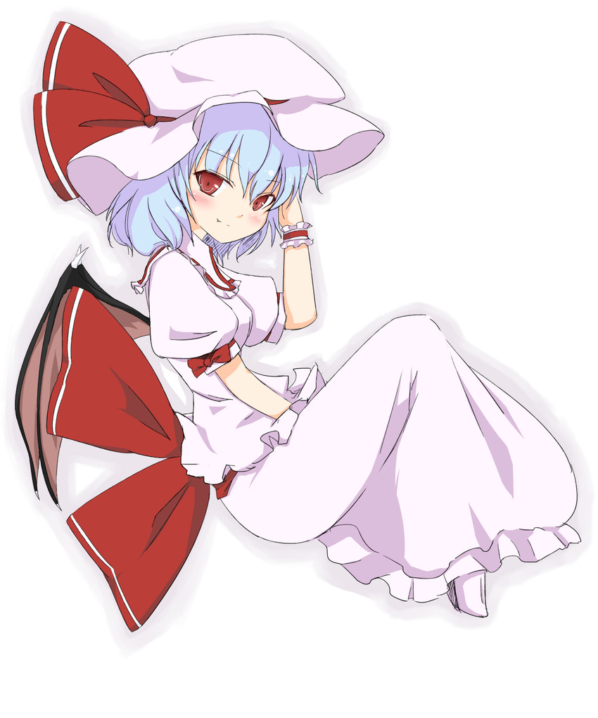 bat_wings blue_hair coo fang highres puffy_sleeves red_eyes remilia_scarlet short_sleeves smile solo touhou white_background wings wrist_cuffs