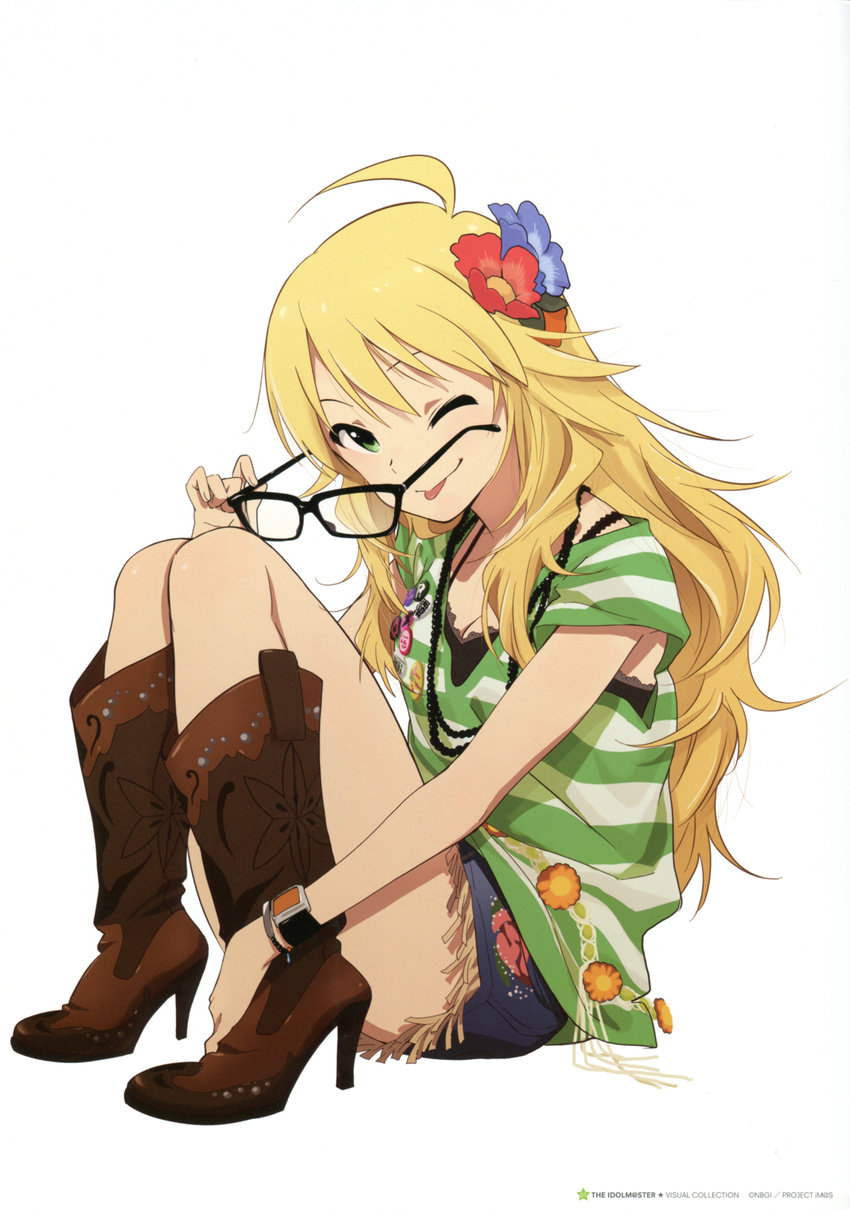 absurdres ahoge blonde_hair boots breasts cleavage flower full_body glasses green_eyes highres hoshii_miki idolmaster idolmaster_(classic) jewelry long_hair medium_breasts necklace nishigori_atsushi official_art one_eye_closed scan shorts solo tongue white_background