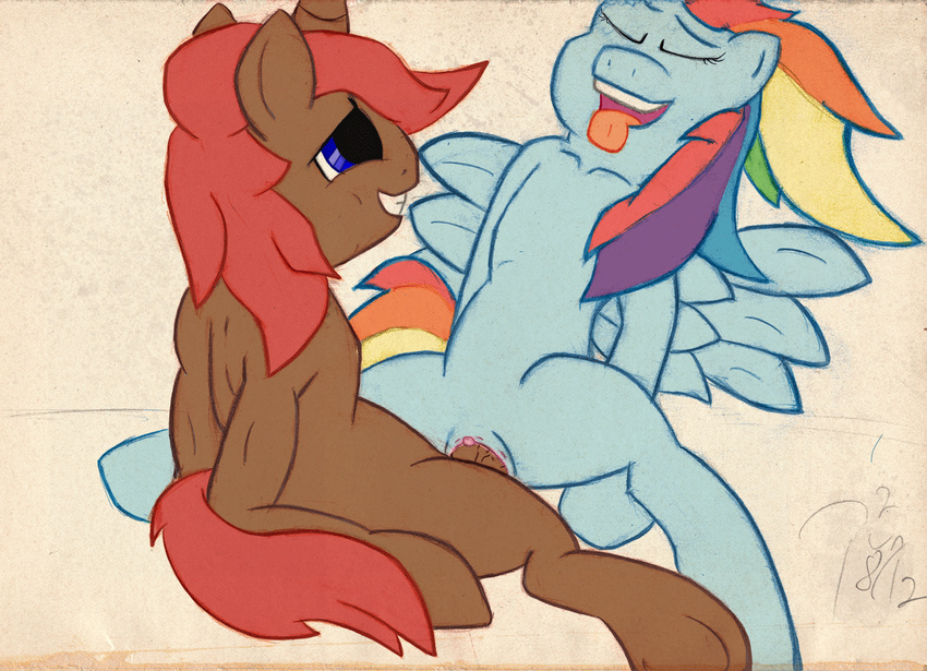 blue_eyes cutie_mark equine eyes_closed female feral flat_chested friendship_is_magic hair horn horse long_hair male mammal multi-colored_hair my_little_pony nude original_character pegasus penetration penis plain_background pony pun-pun pussy rainbow_dash_(mlp) sex smile straight tongue tongue_out unicorn vaginal vaginal_penetration wings