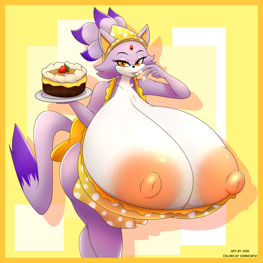 amber_eyes anthro apron areola bandanna big_breasts blaze_the_cat breasts cake cat clothing cornchip21 dipstick_tail feline female finger_lick food forehead_gem fur hair huge_breasts hyper hyper_breasts jcdr licking mammal multicolored_tail nipples purple_fur purple_hair signature solo sonic_(series) tongue tongue_out