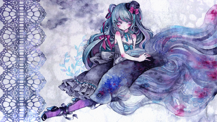 animal bare_shoulders blue_hair bow colored_eyelashes dress fish hair_ribbon hat hat_bow hatsune_miku long_hair mini_hat mini_top_hat miri_(tobira_no_mukou) oversized_animal pantyhose purple_eyes ribbon solo top_hat traditional_media very_long_hair vocaloid wallpaper watercolor_(medium)