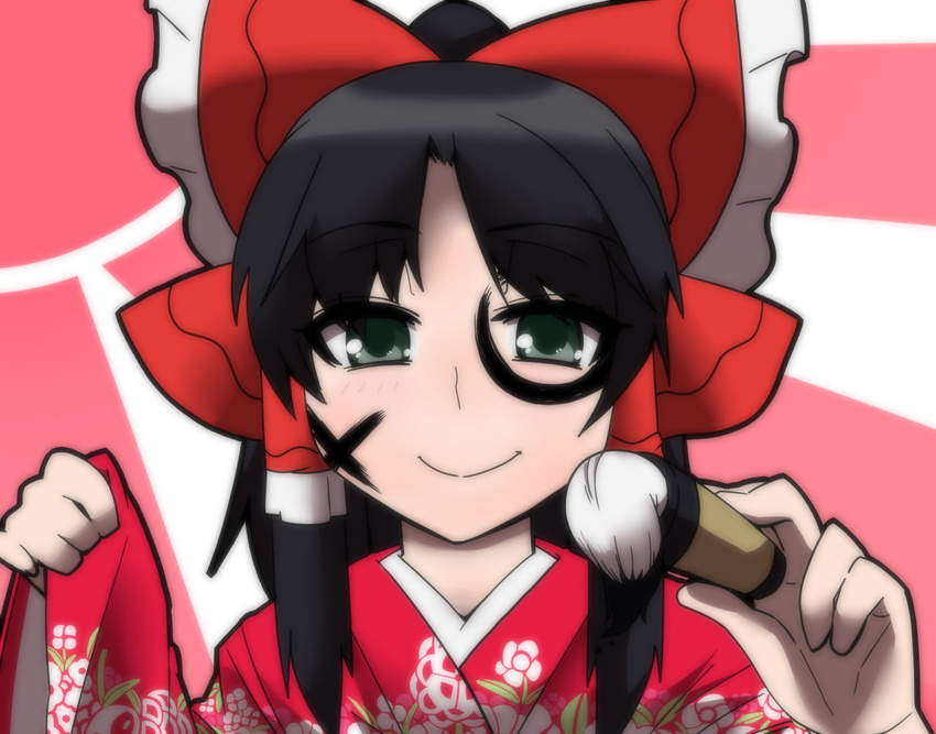 alternate_costume blush bow brush facepaint green_eyes hagoita hair_bow hair_tubes hakurei_reimu hanetsuki ink japanese_clothes jeno new_year paddle smile solo touhou wide_sleeves