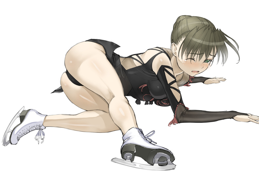 ass bad_id bad_pixiv_id bangs bare_shoulders blush braid bridal_gauntlets brown_hair character_request clumsy copyright_request crying crying_with_eyes_open fallen_down figure_skating hair_bun highres ice_skates legs nakabayashi_reimei one_eye_closed skates solo tears wavy_mouth wince