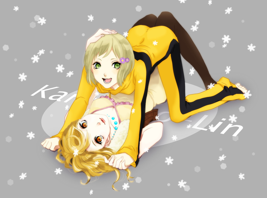 bad_id bad_pixiv_id barefoot blonde_hair bodysuit brown_eyes brown_legwear bruce_lee's_jumpsuit dress flower green_eyes hair_flower hair_ornament highres huang_baoling jewelry karina_lyle long_hair multiple_girls necklace short_hair tiger_&amp;_bunny vest yellow_bodysuit yellow_eyes yk5112335