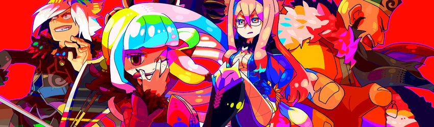 2boys 2girls absurdres agria agria_(tales) bald beard bodysuit boots breasts brown_hair cleavage coat dress eyes_closed facial_hair freckles fur glasses gloves hat highres jao jiao_(tales) katana long_hair long_image low-tied_long_hair multicolored_eyes multicolored_hair multiple_boys multiple_girls open_mouth pants pink_hair presa_(tales) preza red_background short_hair sword tales_of_(series) tales_of_xillia tongue weapon white_hair wide_image wingar wingul_(tales) wink yellow_eyes