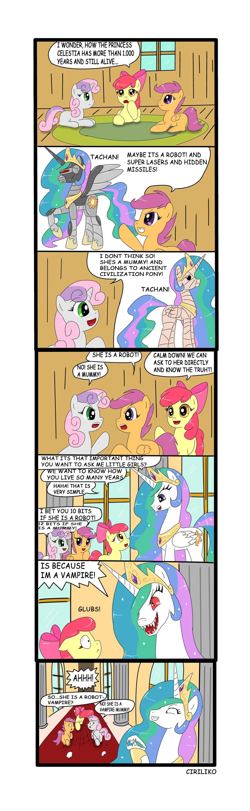 ciriliko comic crown cub cutie_mark cutie_mark_crusaders_(mlp) dialog dialogue english_text equine female feral friendship_is_magic hair horn horse machine mammal mechanical multi-colored_hair mummy my_little_pony pegasus pony princess princess_celestia_(mlp) robot royalty scootaloo_(mlp) smile sweetie_belle_(mlp) teeth text undead unicorn winged_unicorn wings young