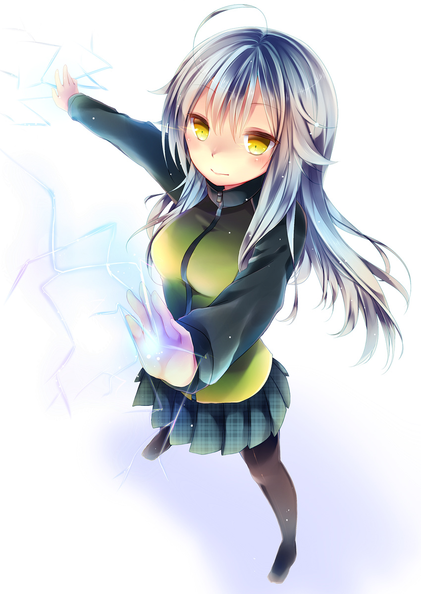 bad_id bad_pixiv_id blush electricity from_above highres komeshiro_kasu long_hair magic no_shoes original outstretched_arm pantyhose pleated_skirt silver_hair skirt smile solo yellow_eyes zipper