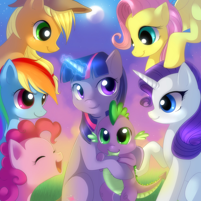 blonde_hair blue_eyes blue_fur cowboy_hat cub cutie_mark dragon equine eyes_closed female feral fluttershy_(mlp) friendship_is_magic fur grass green_eyes group hair hat horn horse jack-a-lynn magic male mammal mist moon multi-colored_hair my_little_pony orange_fur pegasus pink_fur pink_hair pinkie_pie_(mlp) pony purple_eyes purple_fur purple_hair purple_scales rainbow_dash_(mlp) rainbow_hair rarity_(mlp) sky smile spike_(mlp) stars twilight_sparkle_(mlp) two_tone_hair unicorn white_fur wings yellow_fur young