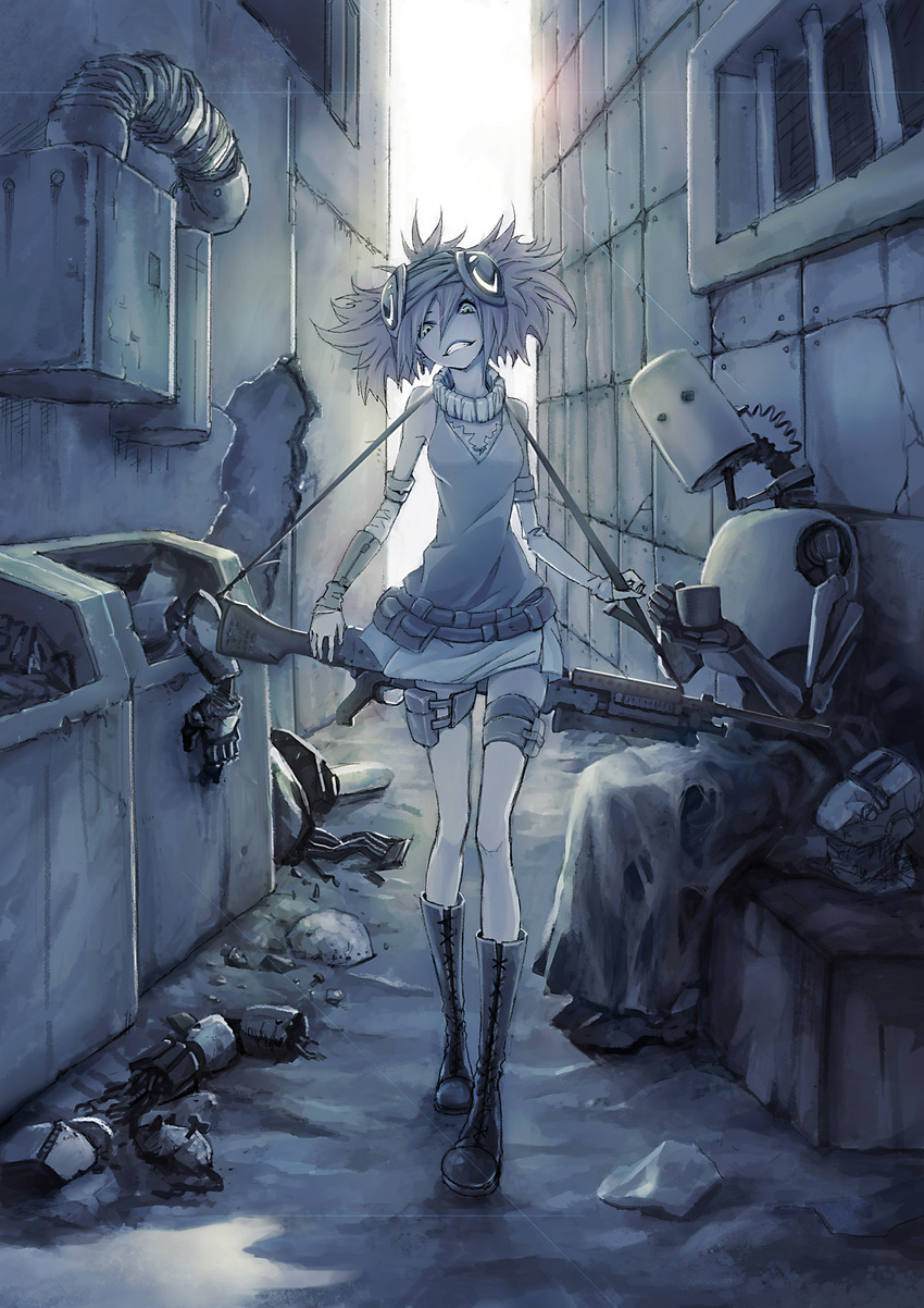 absurdres belt blue boots broken cross-laced_footwear detached_sleeves fn_mag grin gun head_tilt highres holster knee_boots lens_flare ljs35794 looking_at_viewer monochrome original rifle robot short_hair smile solo sun thigh_holster thigh_strap trash trash_can twintails weapon