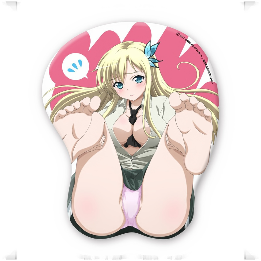 artist_request barefoot between_breasts black_neckwear blonde_hair blue_eyes blush boku_wa_tomodachi_ga_sukunai breasts butterfly_hair_ornament cleavage collarbone crotch_mousepad feet hair_ornament highres kashiwazaki_sena knees_on_chest large_breasts long_hair looking_at_viewer mousepad necktie necktie_between_breasts nervous official_art panties pink_panties pov_feet scan school_uniform simple_background soles solo st._chronica_academy_uniform toes underwear white_background wiggling_toes