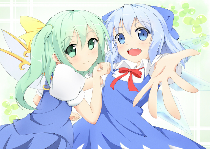 blue_dress blue_eyes blue_hair bow cirno daiyousei dress fairy_wings green_eyes green_hair hair_bow hair_ribbon highres kochiya_hizuki looking_at_viewer multiple_girls open_mouth outstretched_arm outstretched_hand puffy_sleeves ribbon shirt short_hair short_sleeves side_ponytail skirt skirt_set smile touhou vest wings