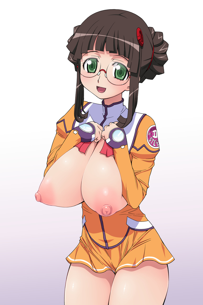 absurdres black_hair blush breasts fujisawa_yayoi glasses green_eyes highres huge_breasts looking_at_viewer nipples okamura_hijiki skirt smile solo uchuu_no_stellvia