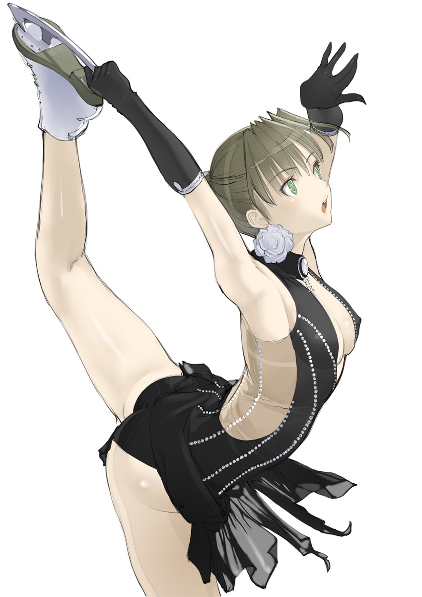 armpits ass bad_id bad_pixiv_id bangs breasts brown_hair center_opening character_request cleavage copyright_request covered_nipples elbow_gloves figure_skating flower gloves green_eyes highres ice_skates leg_up legs medium_breasts nakabayashi_reimei open_mouth shiny shiny_skin skates solo