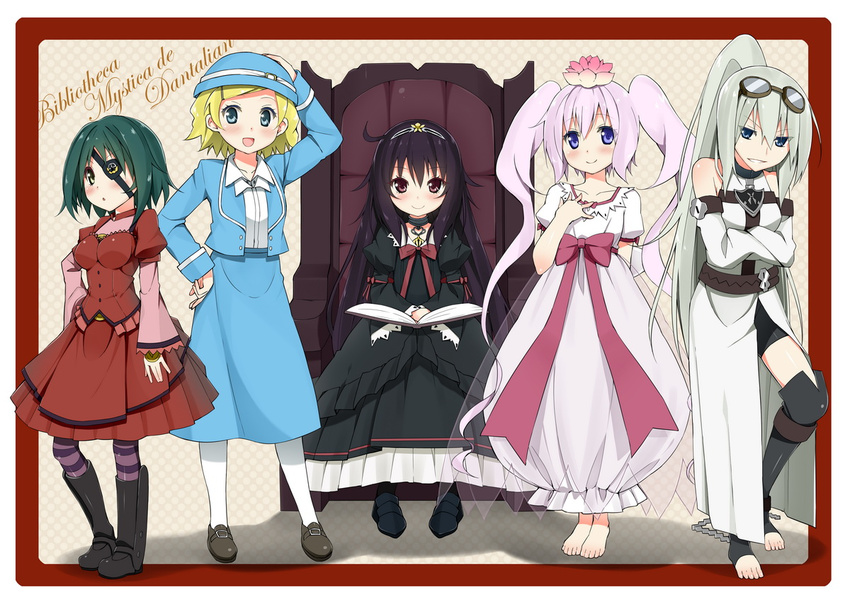 barefoot black_hair blonde_hair bow camilla_sauer_keynes copyright_name cursive dalian dantalian_no_shoka eyepatch flamberge_(dantalian_no_shoka) flower hair_flower hair_ornament hat latin long_hair multiple_girls pantyhose ponytail rasiel_(dantalian) ribbon shoes shoka_no_shoujo short_hair silver_hair sky_(freedom) smile straitjacket striped striped_legwear toeless_legwear twintails white_hair white_legwear