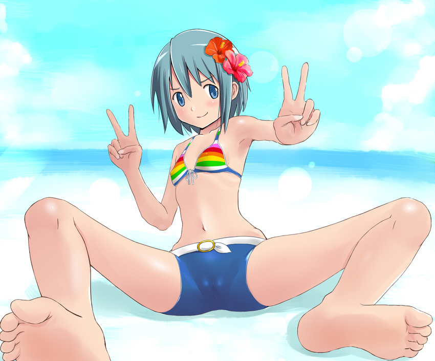 barefoot bikini blue_eyes blue_hair blush breasts cameltoe cloud covered_nipples day double_v feet mahou_shoujo_madoka_magica miki_sayaka navel short_hair shuuji_(shumi) sitting sky small_breasts smile soles solo spread_legs striped striped_bikini striped_swimsuit swimsuit v