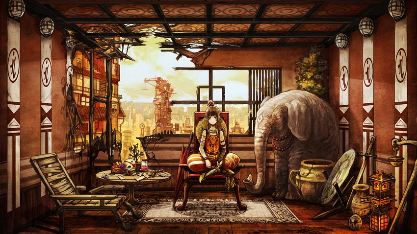 brown_hair chair cityscape elephant indoors looking_at_viewer original red_eyes sitting skull solo table toi_(number8) umbrella vocaloid weapon
