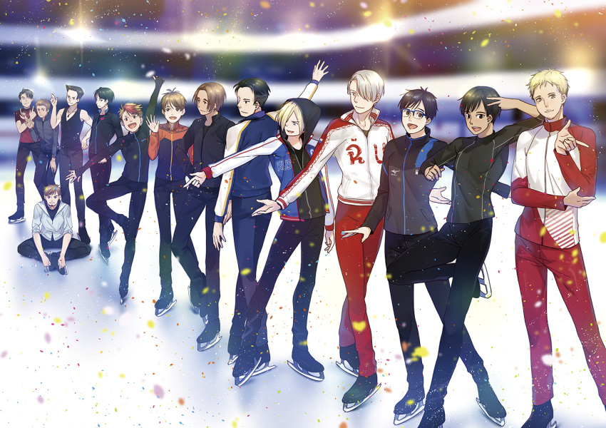 6+boys :d beard black_hair blonde_hair blue_eyes brown_eyes christophe_giacometti confetti emil_nekola facial_hair fang georgi_popovich green_eyes hair_over_one_eye hood hoodie ice_skates it's_j.j._style! jacket jean-jacques_leroy ji_guang-hong katsuki_yuuri lee_seung-gil leo_de_la_iglesia male_focus michele_crispino minami_kenjirou multicolored_hair multiple_boys open_mouth otabek_altin outstretched_arms pants phichit_chulanont red_hair sitting skates smile spread_arms standing standing_on_one_leg stubble tank_top track_jacket track_pants two-tone_hair v viktor_nikiforov yuri!!!_on_ice yuri_plisetsky yuyu_(yuyudesu0806)