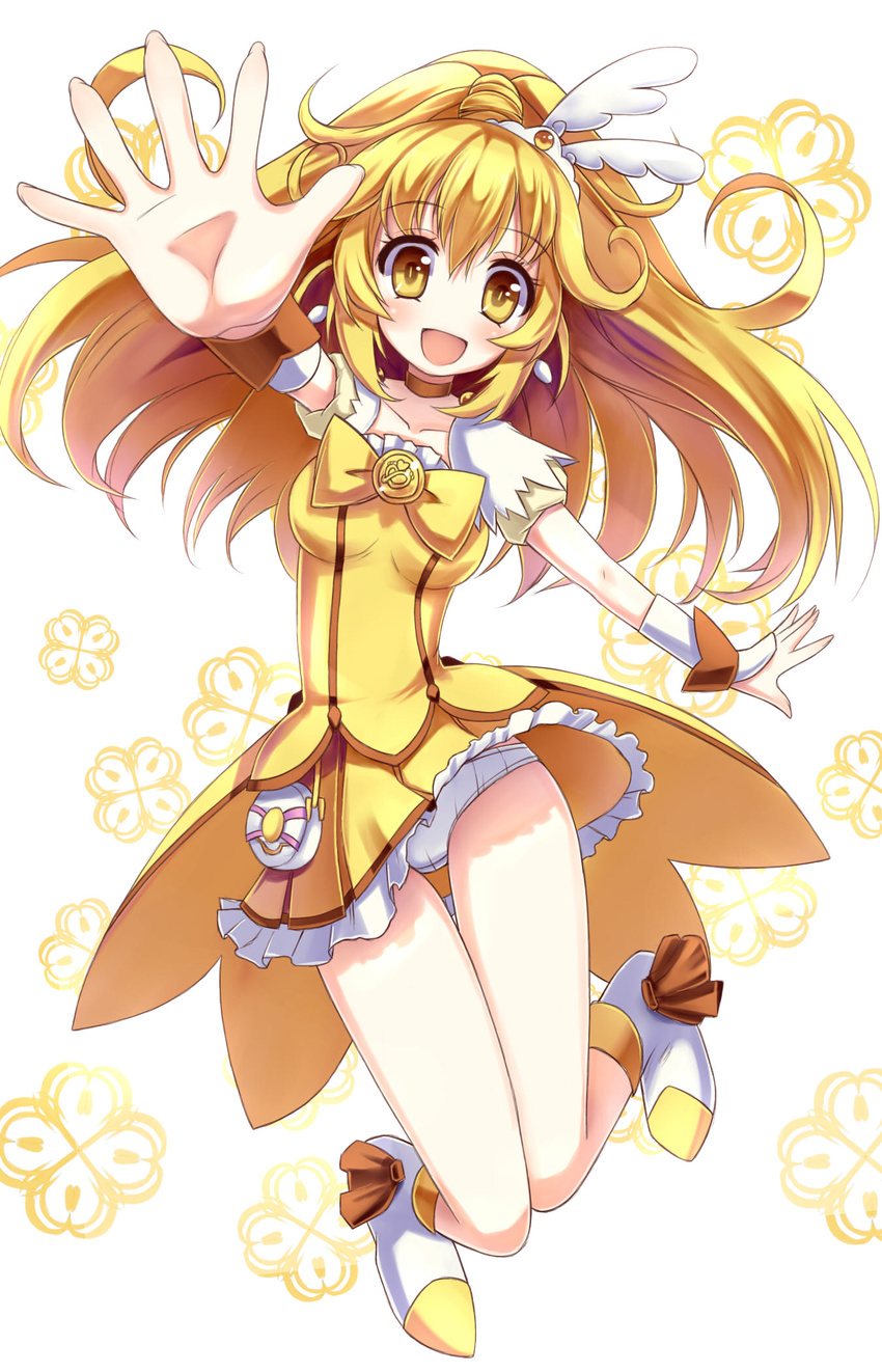 arm_up bare_legs blonde_hair bow bowtie brooch choker cure_peace full_body hair_flaps highres hoshi_no_gen jewelry kise_yayoi long_hair magical_girl no_nose panties precure shoes skirt smile smile_precure! solo underwear white_panties wrist_cuffs yellow yellow_bow yellow_eyes yellow_skirt
