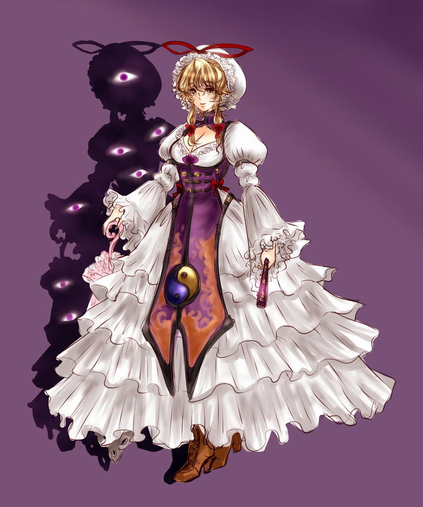 adapted_costume blonde_hair boots breasts cleavage cross-laced_footwear dress eyes fan folding_fan frills hat hat_ribbon highres kinako_(nurupoga) large_breasts long_hair ribbon sketch smile solo touhou umbrella yakumo_yukari yellow_eyes yin_yang