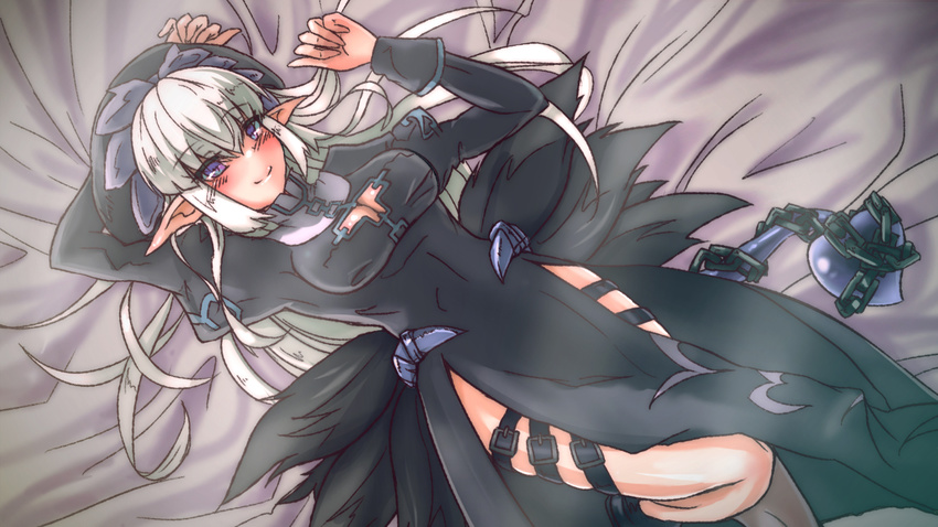 arm_behind_head bad_id bad_pixiv_id blush breasts chain cleavage_cutout dark_priest lying medium_breasts monster_girl monster_girl_encyclopedia nun pointy_ears purple_eyes silver_hair smile solo sud_(sudea) tail thigh_strap