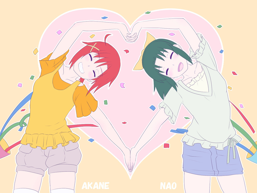 :d ^_^ blush casual character_name closed_eyes confetti green_hair grin hair_ornament hands_together heart heart_arms highres hino_akane_(smile_precure!) holding_hands interlocked_fingers midorikawa_nao multiple_girls open_mouth orange_shirt precure red_hair shirt short_hair shorts skirt smile smile_precure! thighhighs unpale white_legwear