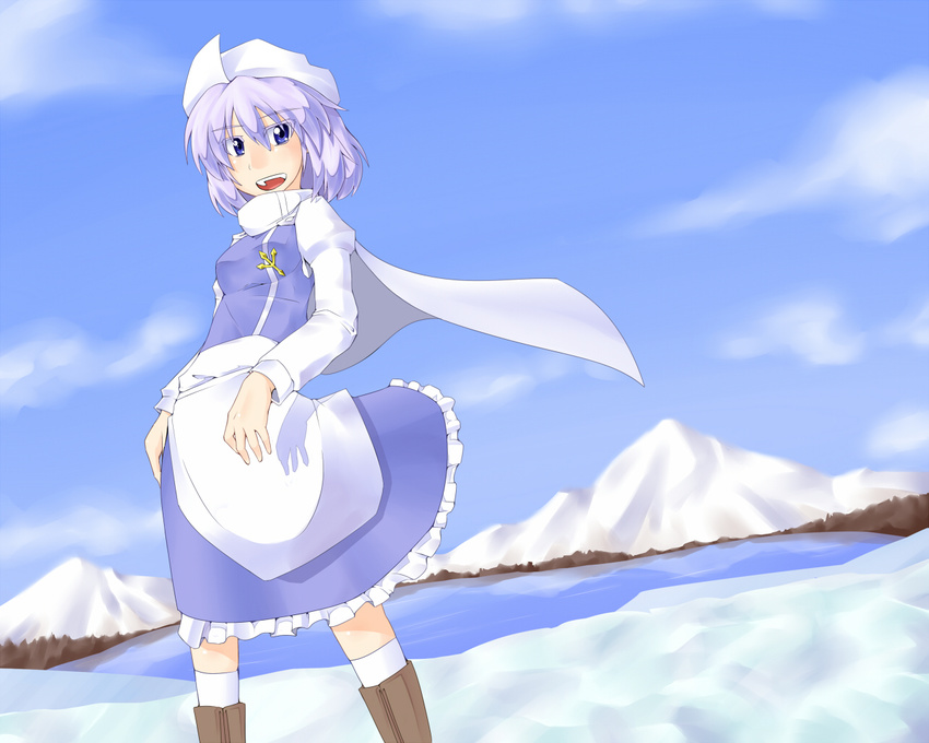 apron bad_id bad_pixiv_id blue_eyes cape cloud day futomashio hat letty_whiterock long_sleeves mountain open_mouth purple_hair short_hair sky solo standing touhou