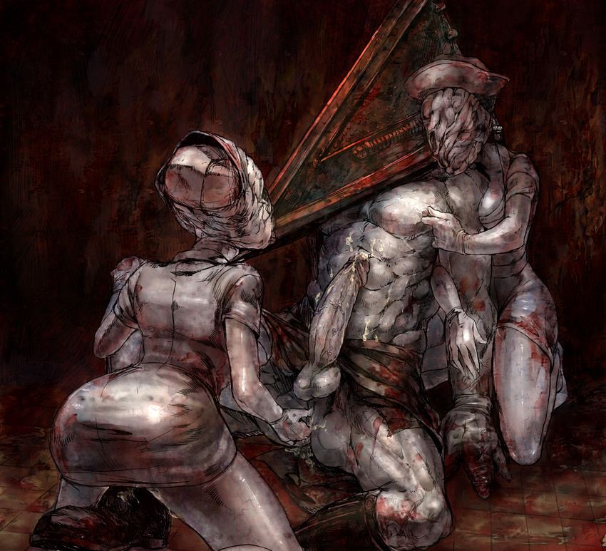 1boy 2girls anal anal_fingering ass blood bubble_head_nurse cum femdom fingering monster_sex multiple_girls muscle nurse_(silent_hill) penis pyramid_head silent_hill