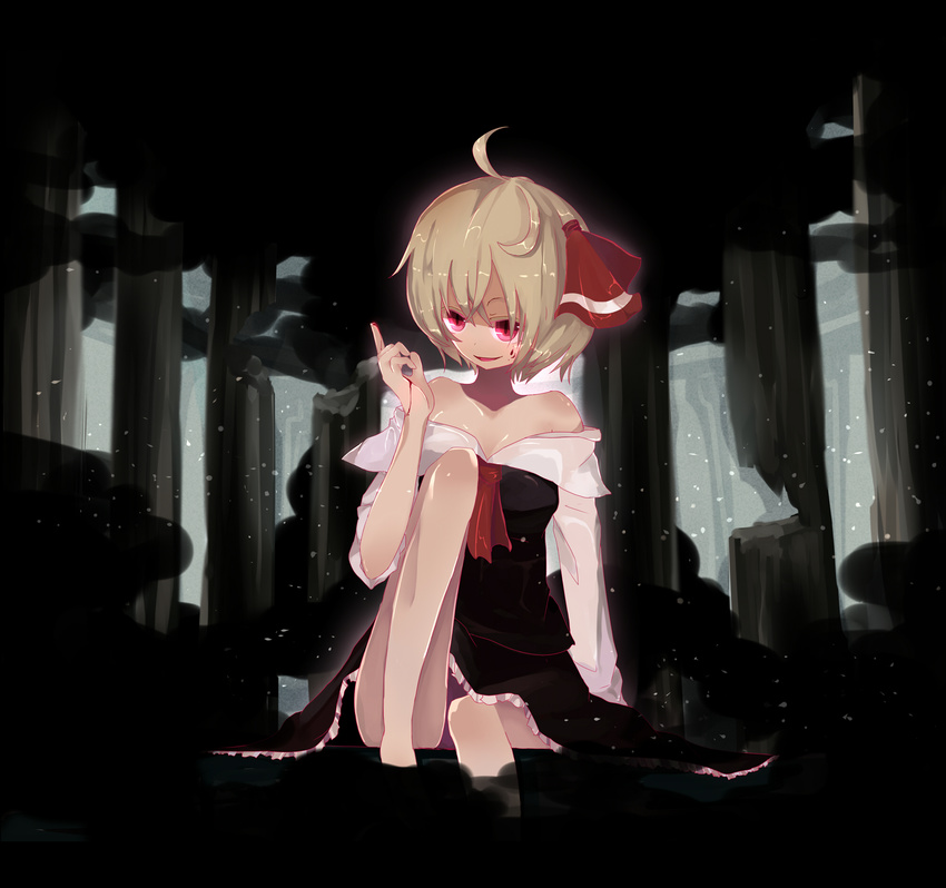 ahoge ascot bare_shoulders blonde_hair darkness hair_ribbon highres long_sleeves off_shoulder ogami_ren open_mouth red_eyes ribbon rumia short_hair smile solo touhou