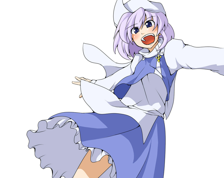 bad_id bad_pixiv_id blue_eyes blush cape futomashio hat letty_whiterock long_sleeves open_mouth outstretched_arms puffy_sleeves purple_hair short_hair solo touhou white_background