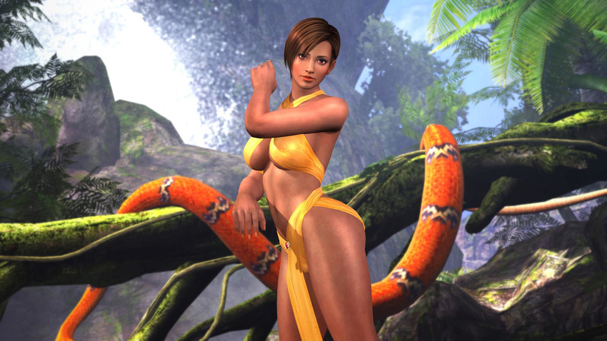 1girl 3d breasts brown_hair dark_skin dead_or_alive dead_or_alive_5 highres large_breasts lisa_hamilton nature official_art scenery short_hair snake swimsuit tecmo underboob