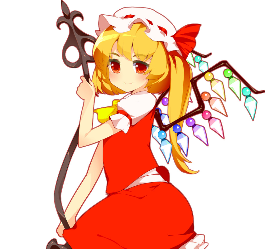 ascot bad_id bad_pixiv_id blonde_hair crystal flandre_scarlet hat hat_ribbon laevatein playn puffy_sleeves red_eyes ribbon short_hair short_sleeves smile solo touhou weapon white_background wings