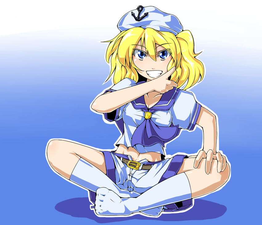 bad_id bad_pixiv_id belt blonde_hair blue_eyes blue_sailor_collar breasts cleavage collarbone futomashio gradient gradient_background grin hat highres kitashirakawa_chiyuri medium_breasts navel puffy_sleeves sailor sailor_collar short_hair short_sleeves sitting smile solo touhou touhou_(pc-98) twintails