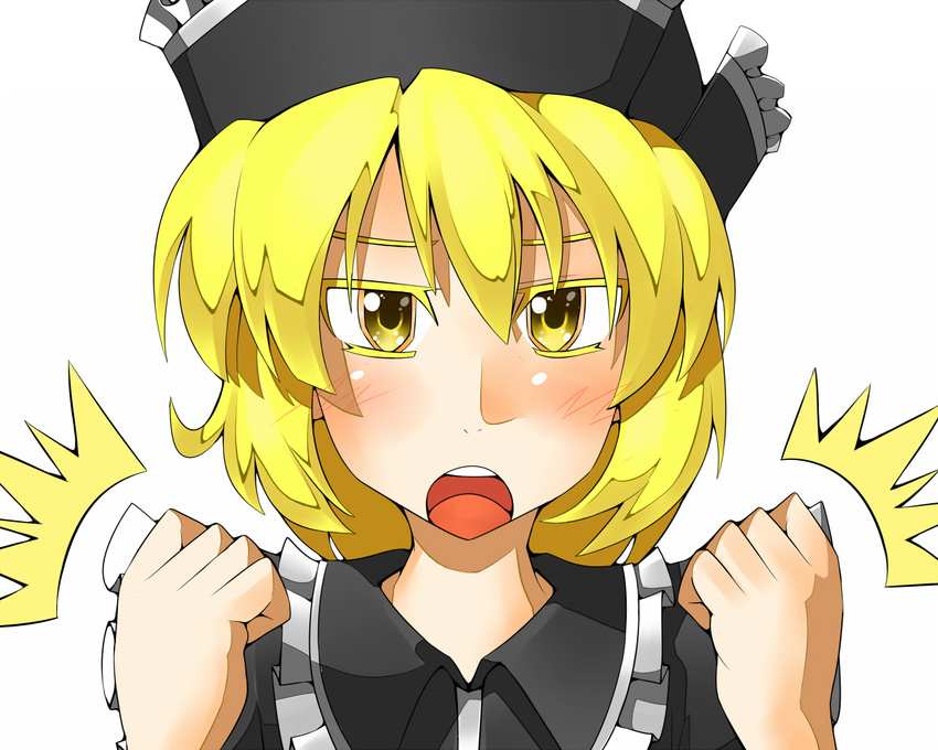 bad_id bad_pixiv_id blonde_hair blush clenched_hands futomashio hat lunasa_prismriver open_mouth short_hair solo touhou white_background yellow_eyes