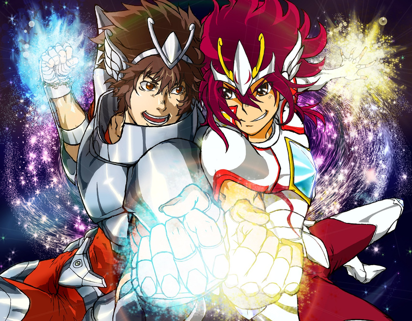 2boys armband armor battle brown_eyes brown_hair chest_plate clash crossover crystal fight fighting galaxy gauntlets helmet highres looking male male_focus multiple_boys pegasus_koga pegasus_tenma purple_hair saint_seiya saint_seiya:_the_lost_canvas saint_seiya_omega shiwasuhuya star stars time_paradox