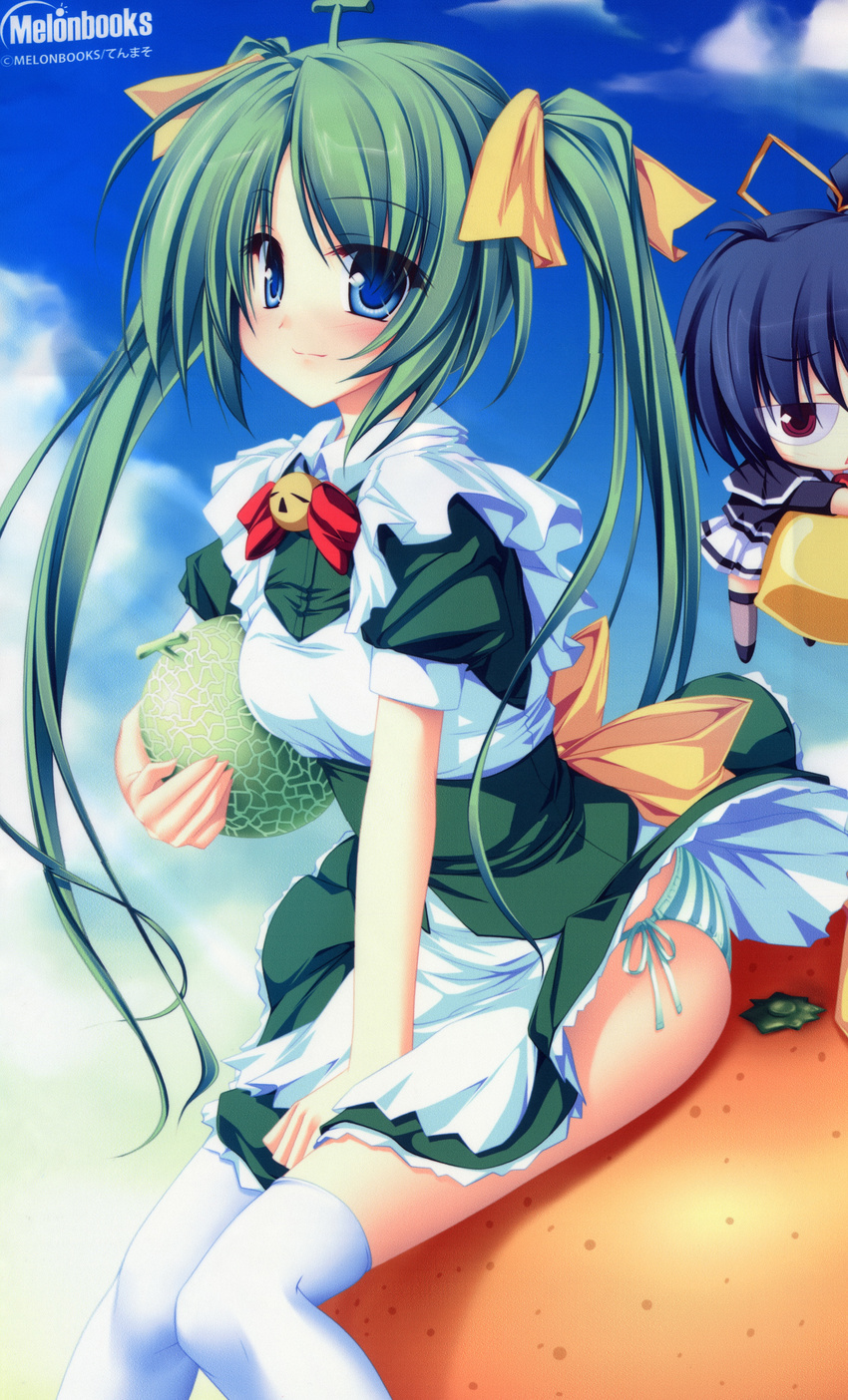 2girls absurdres black_lemon-chan blue_eyes bow chibi food fruit green_hair green_panties hair_ribbon highres holding melon melon-chan melonbooks multiple_girls orange panties ribbon side-tie_panties sitting string_panties striped striped_panties tenmaso thighhighs twintails underwear white_legwear yellow_bow