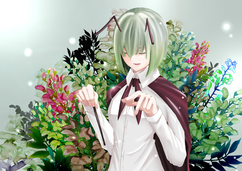 absurdres antennae cape closed_eyes conductor flower green_hair highres mikoma_sanagi open_mouth shirt short_hair solo touhou wings wriggle_nightbug