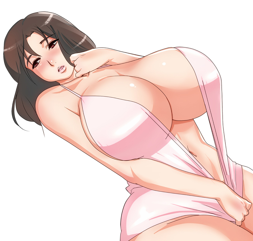 bikini blush breasts brown_hair cleavage curvy gigantic_breasts highres lips long_hair looking_away navel open_mouth original pink_swimsuit red_eyes simple_background solo swimsuit tamanegiya white_background