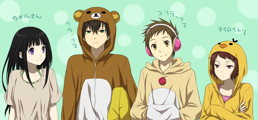 2girls bird black_hair brown_eyes brown_hair chick chitanda_eru cosplay fukube_satoshi green_eyes headphones hood hoodie hyouka ibara_mayaka kaoru_(san-x) kiiroitori korilakkuma long_hair multiple_boys multiple_girls oreki_houtarou purple_eyes red_eyes rilakkuma rito453 san-x short_hair