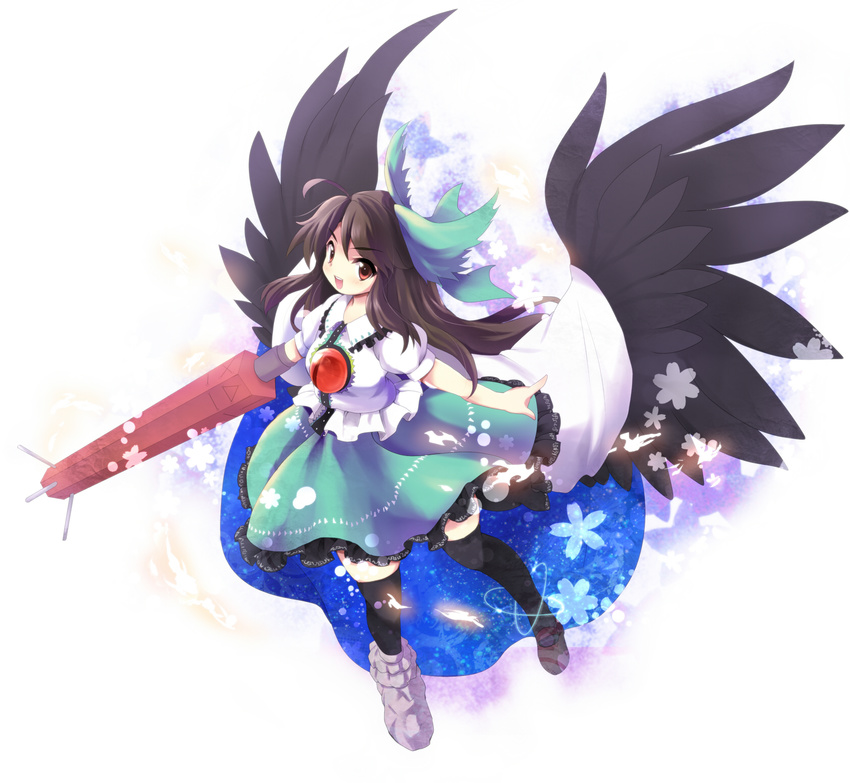ahoge arm_cannon asyura7 bad_id bad_pixiv_id bird_wings bow brown_hair cape hair_bow highres long_hair open_mouth puffy_sleeves red_eyes reiuji_utsuho short_sleeves solo third_eye touhou weapon wings