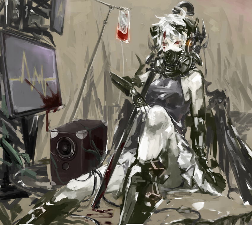 1girl amplifier bad_id bad_pixiv_id blood blood_bag bloody_weapon cyborg highres intravenous_drip lead_pipe monitor prosthesis red_eyes respirator sabitsuki shigure_shou sitting solo weapon white_hair