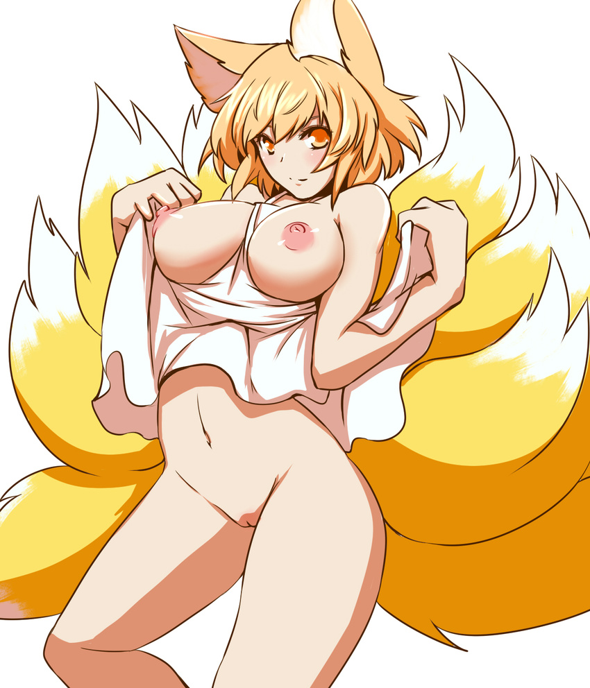 big_breasts blonde_hair blush bottomless breasts canine clothed clothing dearmybrothers female fox fox_ears fox_tail hair half-dressed mammal multiple_tails navel nipples pussy ran_yakumo solo touhou yellow_eyes