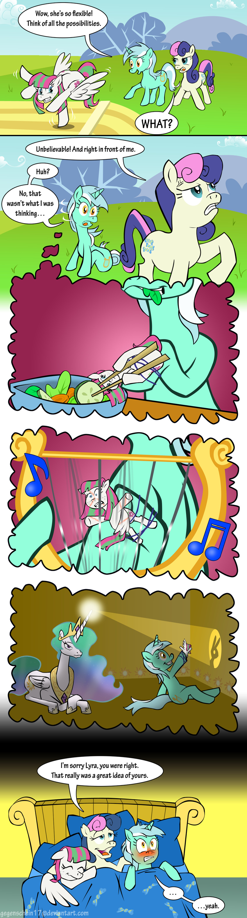 blossomforth_(mlp) blush bonbon_(mlp) chopsticks comic cutie_mark daydream dialog dialogue eating english_text equine female feral flexible friendship_is_magic gegenschein17 hair horn horse innuendo lesbian long_hair lyra_(mlp) lyra_heartstrings_(mlp) mammal multi-colored_hair musical_instrument musical_note my_little_pony pegasus pillow pony princess_celestia_(mlp) salad smile text two_tone_hair unicorn winged_unicorn wings