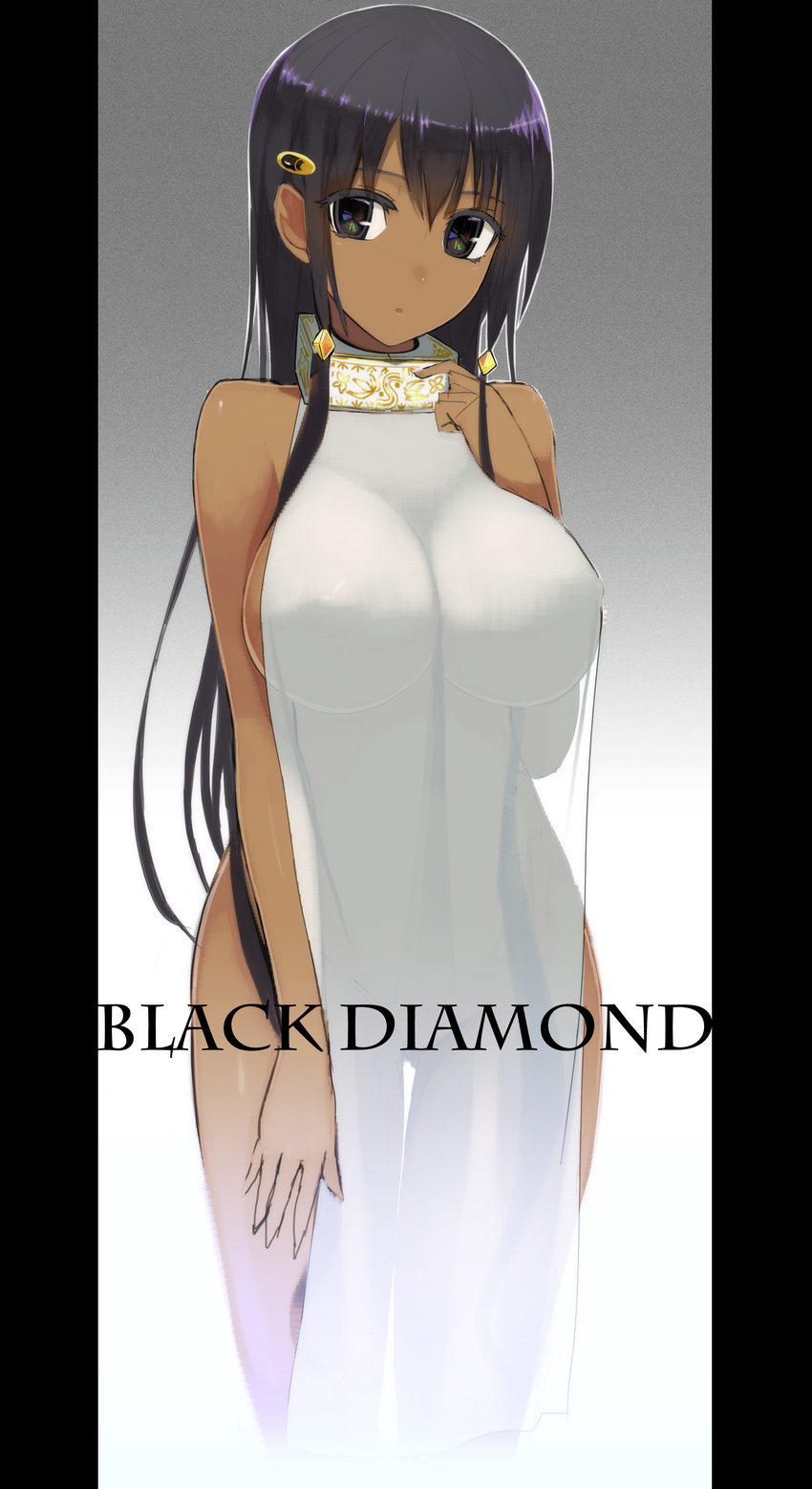 absurdres bare_shoulders black_hair breasts collar copyright_request covered_nipples dark_skin green_eyes highres large_breasts long_hair looking_at_viewer ookuma_(nitroplus) pillarboxed see-through simple_background sketch solo