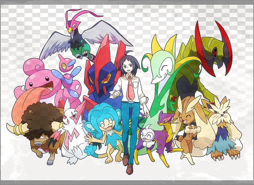 ahoge black_hair bouffalant castform checkered checkered_background cheren_(pokemon) gen_3_pokemon gen_4_pokemon gen_5_pokemon gigalith haxorus kanade laughing lickilicky liepard lopunny necktie pokemon pokemon_(creature) pokemon_(game) pokemon_bw2 porygon-z serperior short_hair simipour stoutland unfezant walking zangoose