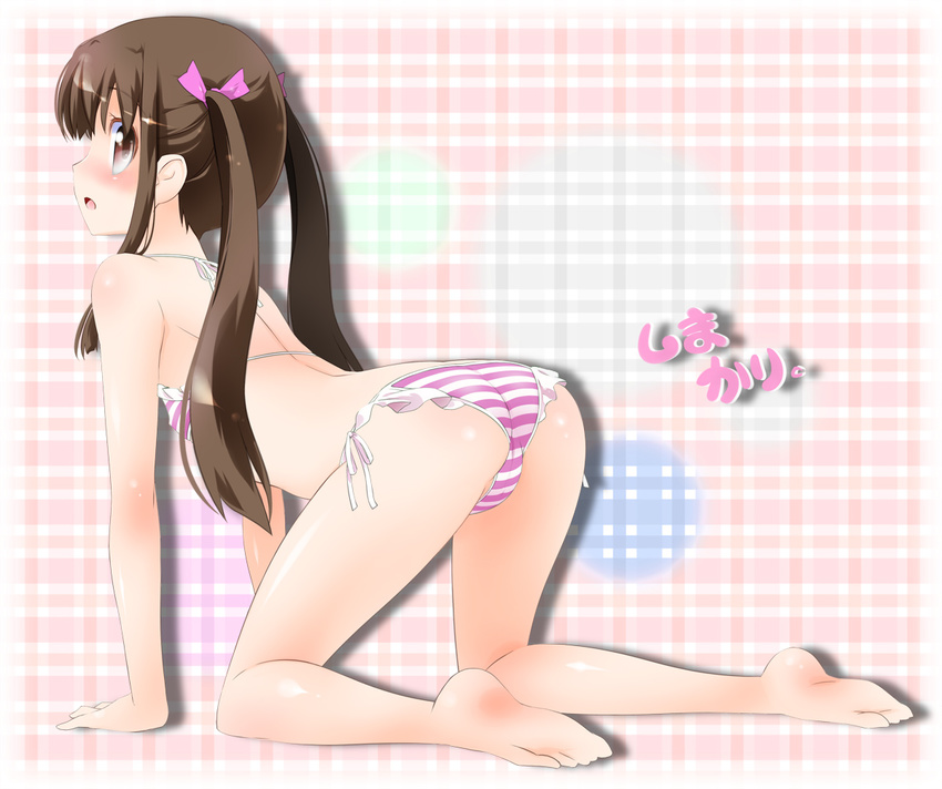 all_fours ass barefoot bikini brown_eyes brown_hair long_hair looking_back md5_mismatch noto_(soranoto) original plaid plaid_background side-tie_bikini solo striped striped_bikini swimsuit twintails