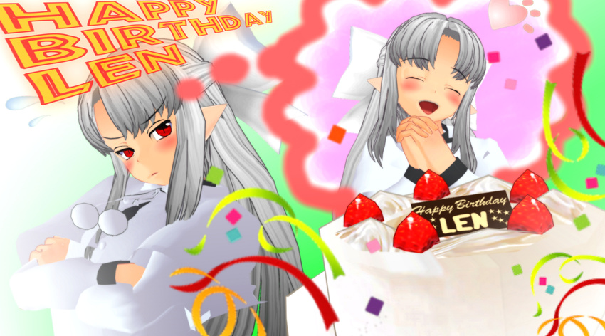 3d 96_(finaltetsuya) bad_id bad_pixiv_id blush bow cake crossed_arms food fruit hair_bow happy happy_birthday highres long_hair melty_blood pointy_ears red_eyes silver_hair strawberry tsukihime white_len