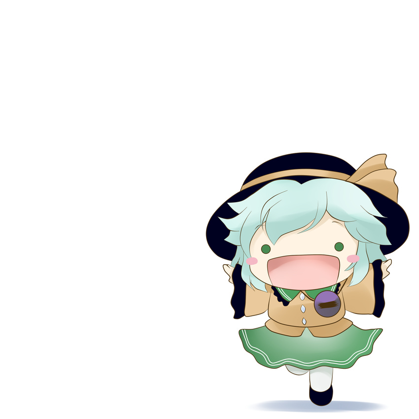 :d blush_stickers chibi cosplay fairy_(jintai) fairy_(jintai)_(cosplay) green_eyes hat highres jinrui_wa_suitai_shimashita komeiji_koishi open_mouth parody skirt smile solo touhou white_background yume_shokunin