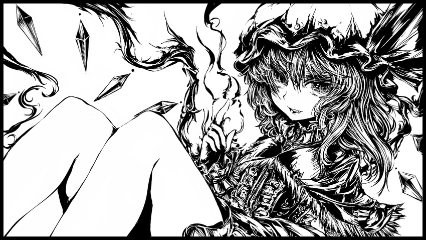 acryl bare_legs flandre_scarlet frills gem greyscale hat highres monochrome sitting solo touhou wings