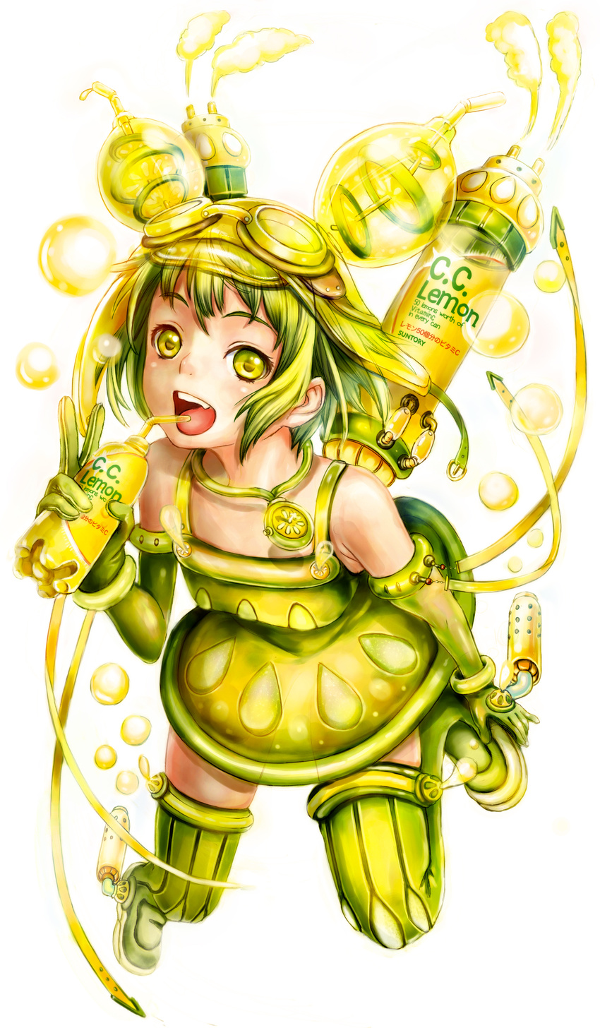 absurdres boots bubble c.c._lemon c.c._lemon_(character) dress drinking_straw gloves goggles goggles_on_head green_eyes green_footwear green_hair green_legwear highres jewelry necklace open_mouth pierorabu short_hair simple_background solo steam thigh_boots thighhighs v white_background